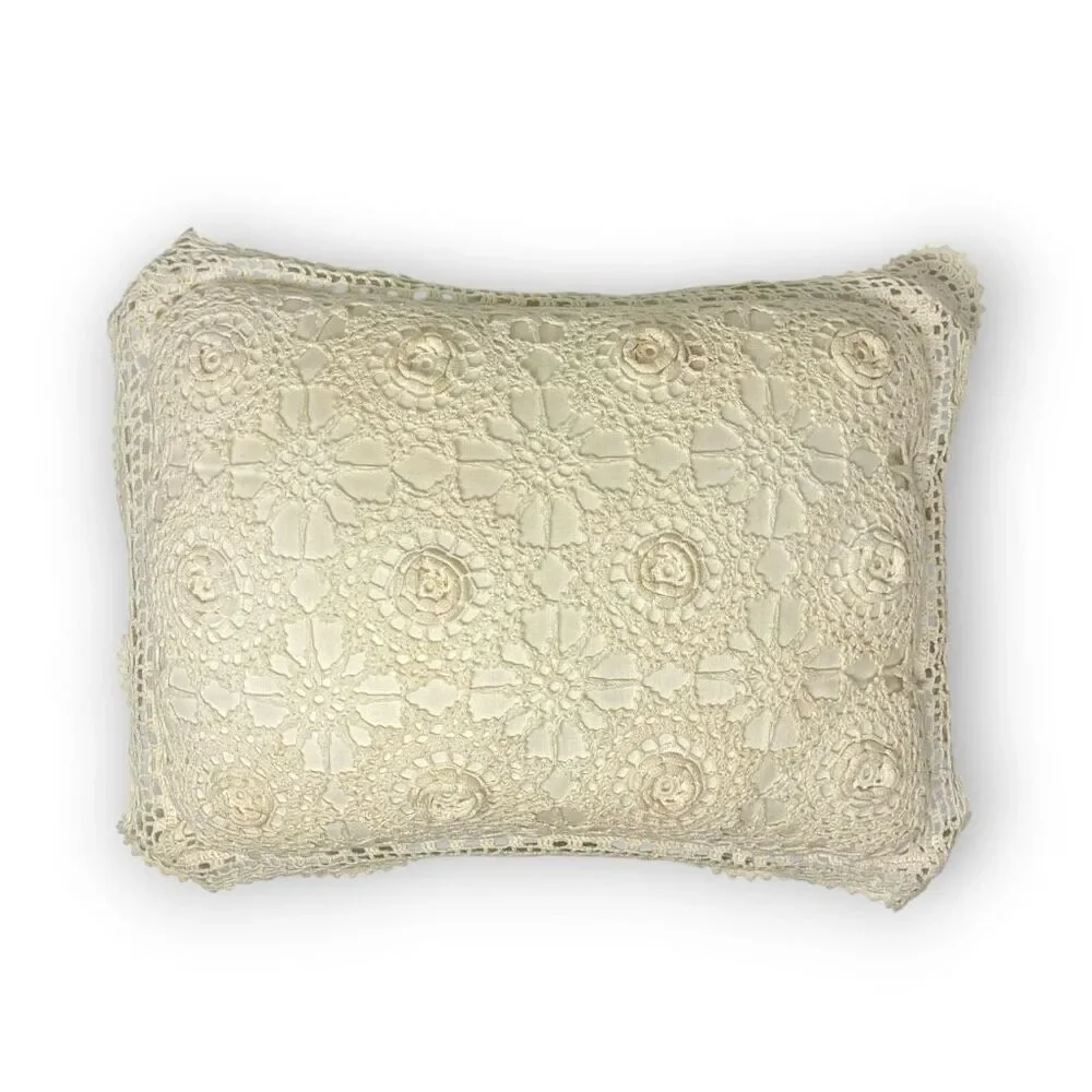 Vintage Hand Crochet Lace Throw Pillow Cover Cream Cotton Floral Boho 16x10